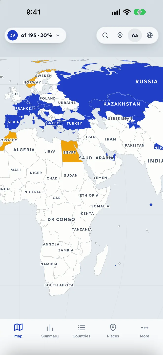 World map with visited countries painted in